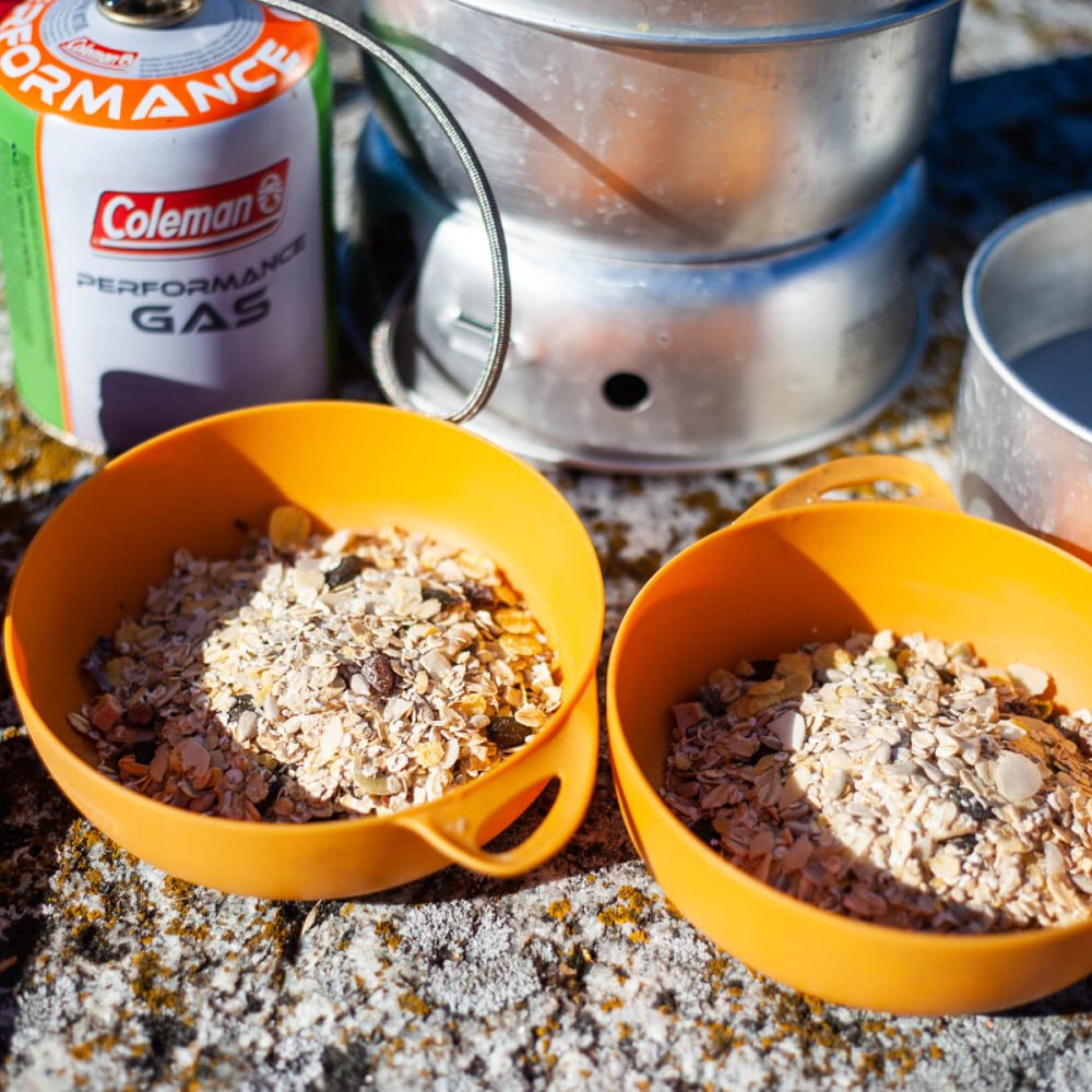 Oatmeal cooking on a camping stove, ready for a paddler's breakfast in Bogesund Nature Reserve.